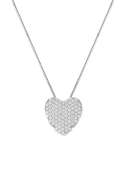 S1-5-3-17995VCR-R - CUBIC ZIRCONIA PAVE HEART PENDANT NECKLACE-CRYSTAL SILVER/1PC