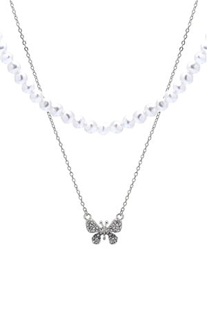 SA4-3-2-18001CRWH-R - PEARL & BUTTERFLY  STATEMENT LAYERED NECKLACE - WHITE SILVER/1PC
