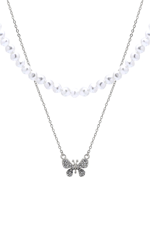 SA3-3-3-18001CRWH-R - PEARL & BUTTERFLY  STATEMENT LAYERED NECKLACE - WHITE SILVER/1PC