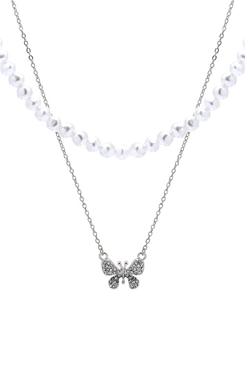 SA4-3-2-18001CRWH-R - PEARL & BUTTERFLY  STATEMENT LAYERED NECKLACE - WHITE SILVER/1PC
