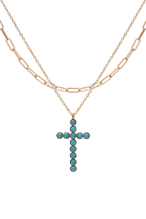 S17-10-4-18006TQ-G - PEARL SET CROSS 2 LAYERED NECKLACE - TURQUOISE GOLD/6PCS