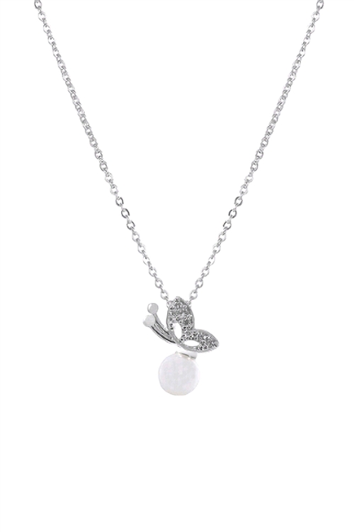 S6-5-2-18021WH-R - CUBIC ZIRCONIA SIDE BUTTERFLY W/ PEARL NECKLACE-WHITE SILVER/1PC(NOW $2.00 ONLY!)