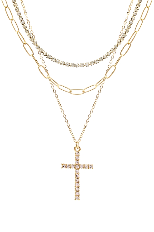 S1-7-3-18025CR-G - RHINESTONE CHAIN LAYERED CROSS PENDANT 3  NECKLACE - CRYSTAL GOLD/1PC