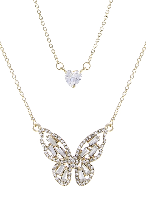 S1-7-3-18026CR-G - CUBIC ZIRCONIA  BUTTERFLY & HEART 2 SET NECKLACE - CRYSTAL GOLD/6PCS