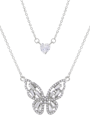 S1-2-5-18026CR-R - CUBIC ZIRCONIA  BUTTERFLY & HEART 2 SET NECKLACE - CRYSTAL SILVER/6PCS