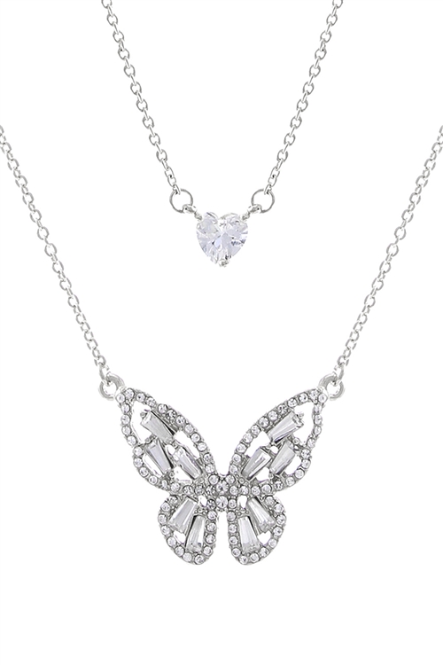 S1-2-5-18026CR-R - CUBIC ZIRCONIA  BUTTERFLY & HEART 2 SET NECKLACE - CRYSTAL SILVER/6PCS