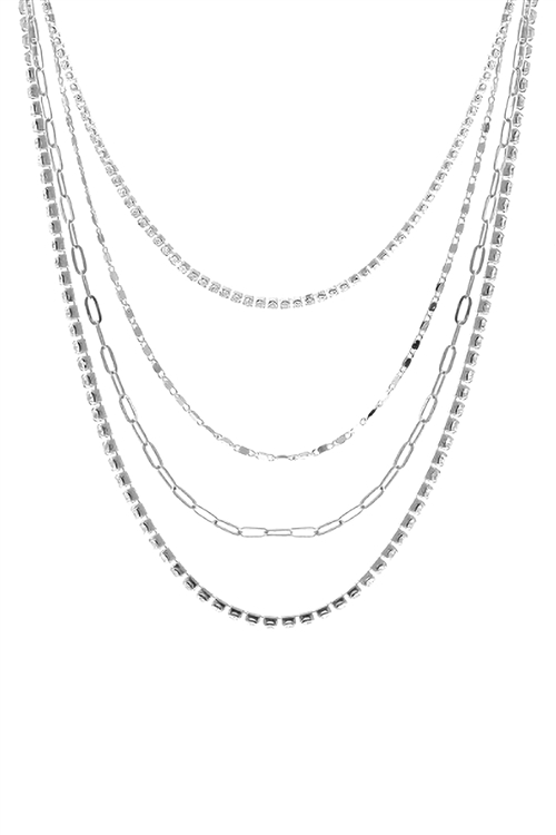 S6-6-4-18030CR-R - MULTI CHAIN LAYERED RHINESTONE NECKLACE SET-CRYSTAL SILVER/1PC (NOW $3.25 ONLY!)