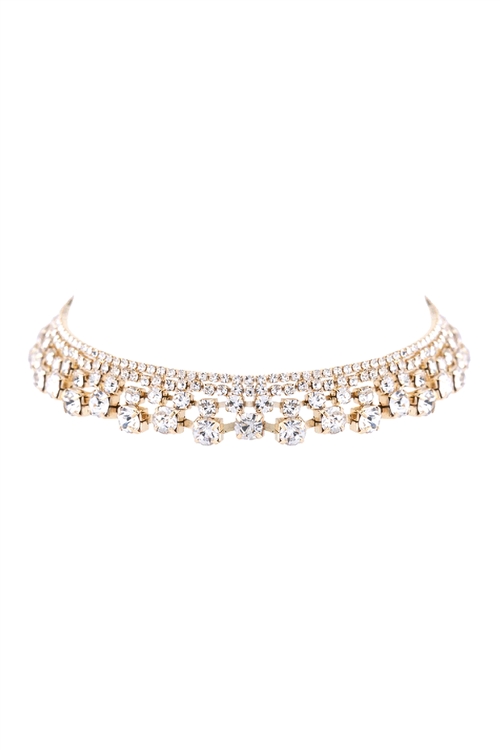 S5-4-5-18056CR-G - RHINESTONE 4 LINE GRADUAL CHOKER NECKLACE-CRYSTAL GOLD/1PC