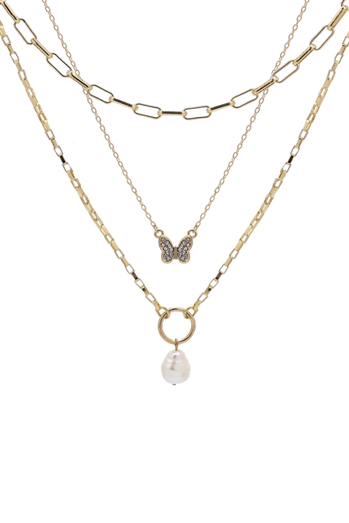 S1-2-5-18068WH-G - FRESH WATER PEARL W/ BUTTERFLY LAYERED 3 SET  CHAIN NECKLACE-WHITE GOLD/1PC