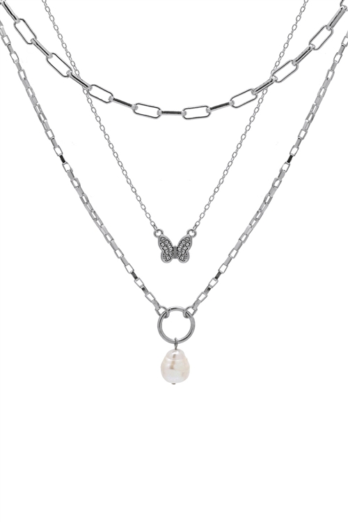 S1-2-5-18068WH-R - FRESH WATER PEARL W/ BUTTERFLY LAYERED 3 SET  CHAIN NECKLACE-WHITE SILVER/1PC