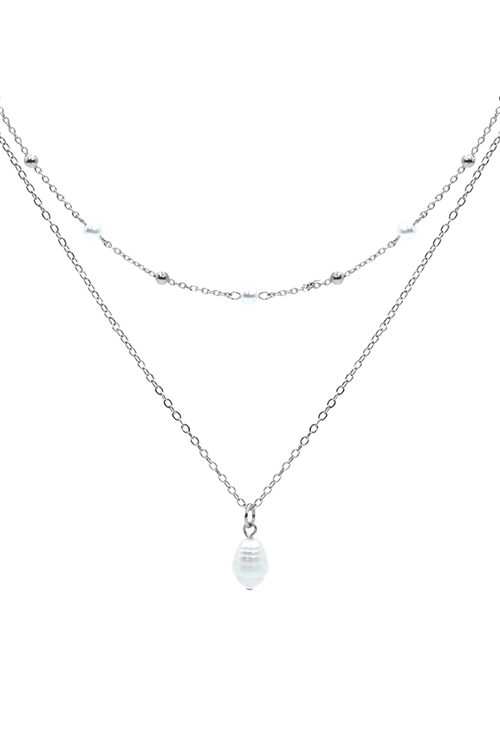 SA3-1-3-18070WH-R - FRESH WATER PEARL   LAYERED STATION CHARM NECKLACE - WHITE SILVER/1PC