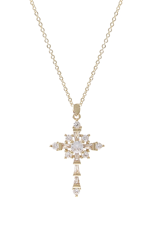 A2-5-3-18084CR-G -  CUBIC ZIRCONIA FANCY CROSS PENDANT NECKLACE - CRYSTAL GOLD/6PCS