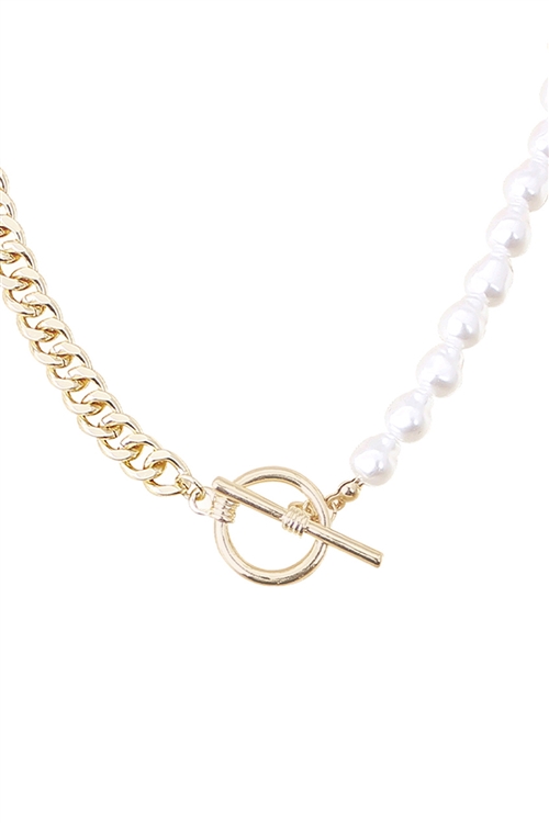 S4-4-5-18114WH-G - CHAIN & PEARL TOGGLE LOCK NECKLACE-WHITE GOLD/6PCS