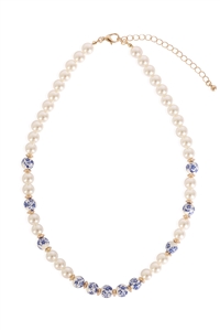 A2-3-1-18545SA-G - FLOWER BEAD PEARL NECKLACE-SAPPHIRE BLUE GOLD/1PC