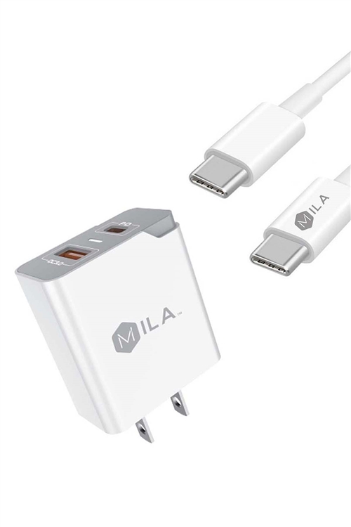 S1-2-4-198610 - MILA|3.0A FAST CHARGE USB AND USB-C PORT HOME WALL CHARGER WITH TYPE C TO TYPE C CABLE RETAIL WHITE /6PCS