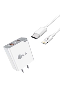 S1-2-4-198627 - MILA|3.0A FAST CHARGE USB AND USB-C PORT HOME WALL CHARGER WITH TYPE C TO LIGHTNING CABLE RETAIL WHITE /6PCS