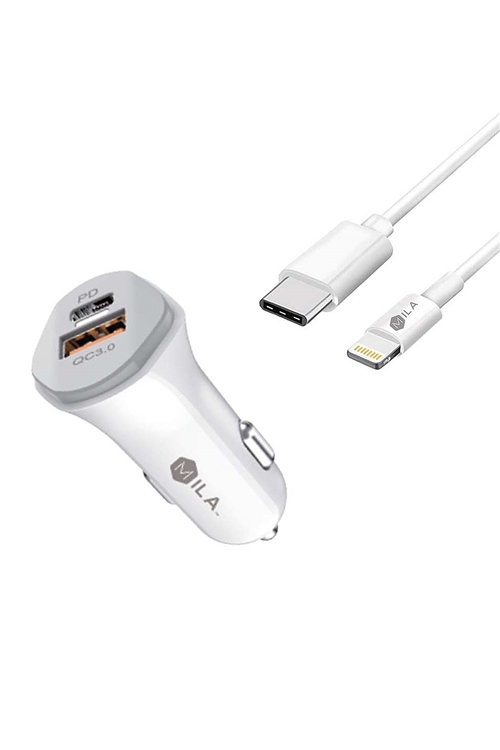 S1-2-4-198634 - MILA|3.0A FAST CHARGE USB AND USB-C PORT CAR CHARGER WITH TYPE C TO LIGHTNING CABLE RETAIL WHITE /6PCS