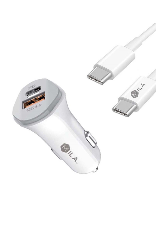 S1-2-4-198641 - MILA|3.0A FAST CHARGE USB AND USB-C PORT CAR CHARGER WITH TYPE C TO TYPE C CABLE RETAIL WHITE /6PCS