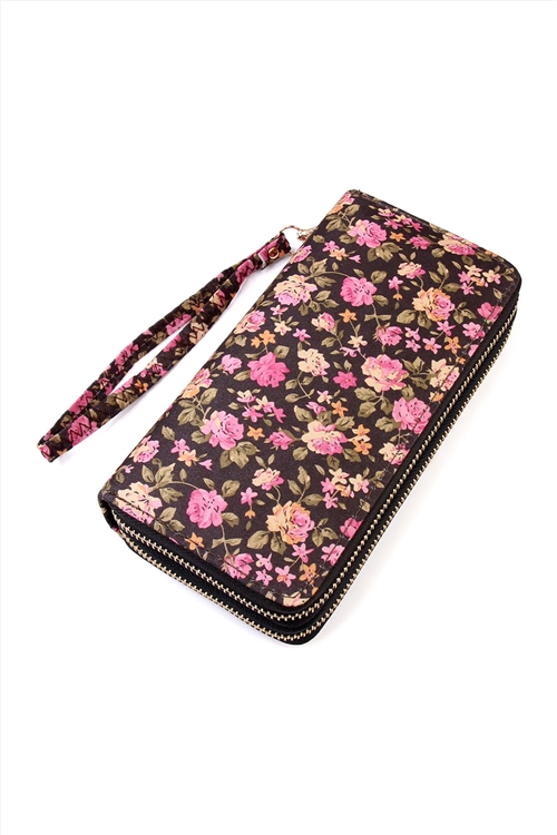 S19-10-4-HDG1934BK BLACK FLORAL DOUBLE ZIPPER WALLET/6PCS