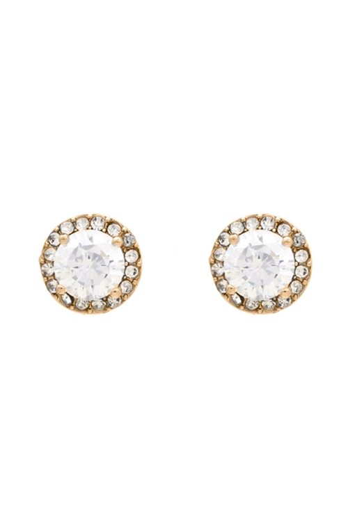 S1-1-3-21498CR-G - 8MM ROUND CUBIC ZIRCONIA HALO POST EARRINGS - GOLD /6PCS