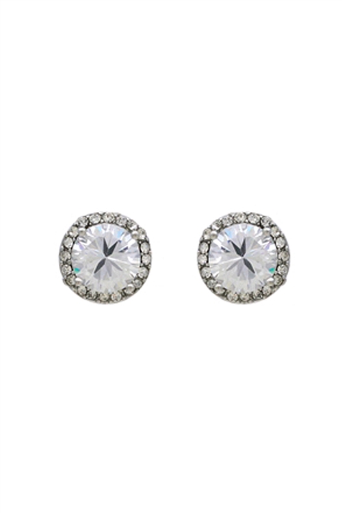 A1-1-5-21499CR - ROUND HALO CUBIC ZIRCONIA POST EARRINGS - CRYSTAL SILVER/6PCS