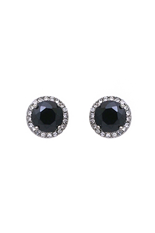 A1-1-5-21499JT - ROUND HALO CUBIC ZIRCONIA POST EARRINGS - CRYSTAL BLACK/6PCS