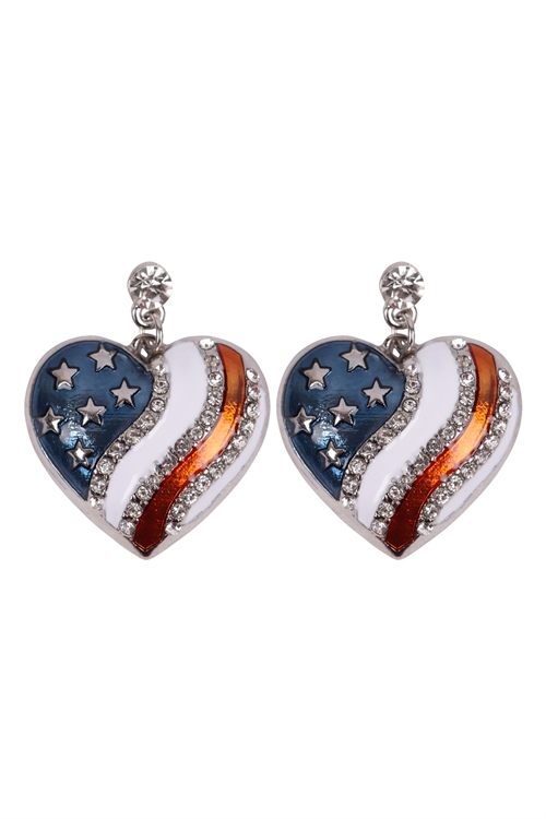 S18-8-1-23393-S - AMERICAN FLAG HEART ACCENT EARRINGS - SILVER/1PC