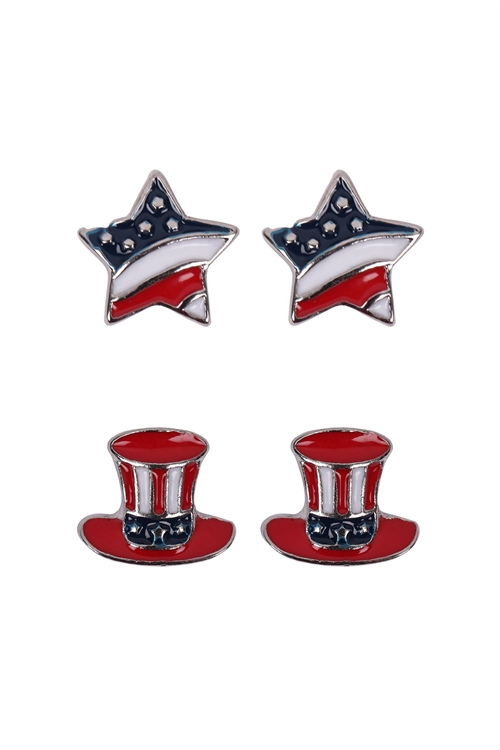 S1-4-2-24608-S - 2 PAIR FLAG STAR HAT USA ACCENT EARRINGS - SILVER/6PCS