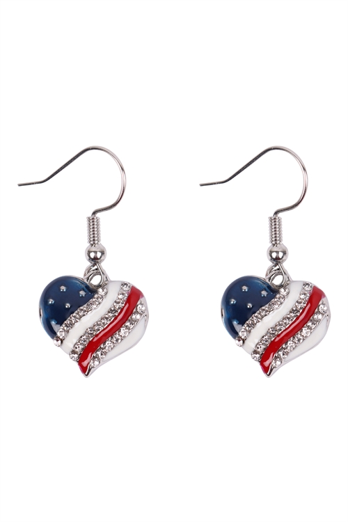 S19-8-1-24615CR-S - HEART USA ACCENT  DROP HOOK EARRINGS - CRYSTAL SILVER/6PCS