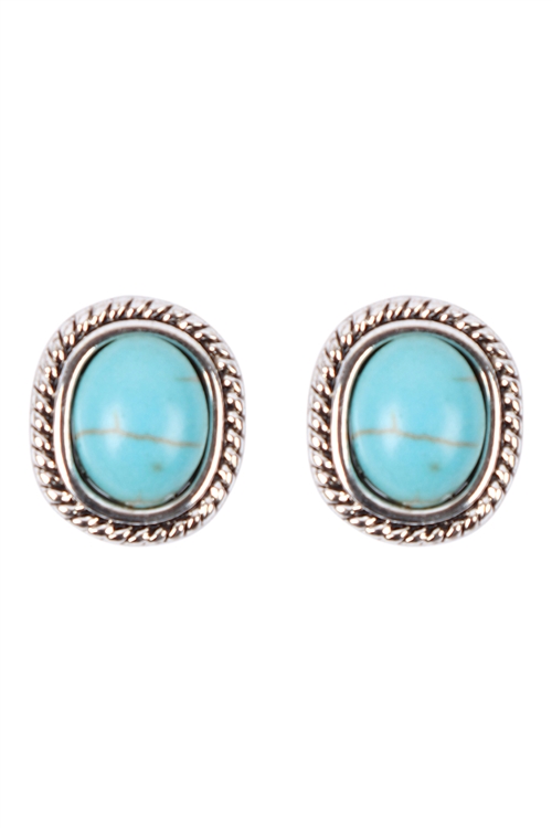 S1-1-4-25022TQ-S - OVAL TEXTURED SEMI PRECIOUS STUD EARRINGS - TURQUOISE/6PCS