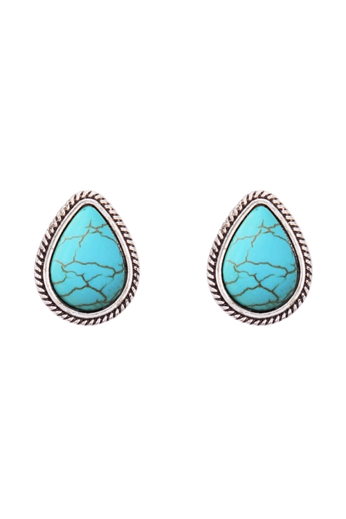 S1-4-2-25024TQ-S - SEMI PRECIOUS STONE TEXTURED TEARDROP SHAPE STUD EARRINGS -TURQUOISE SILVER/6PCS