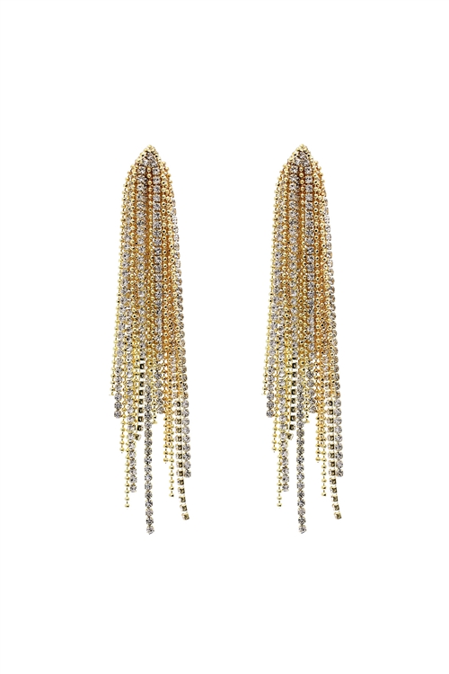 S7-6-5-25234CR-G - RHINESTONE & BALL CHAIN FRINGE EARRINGS - CRYSTAL GOLD/1PC