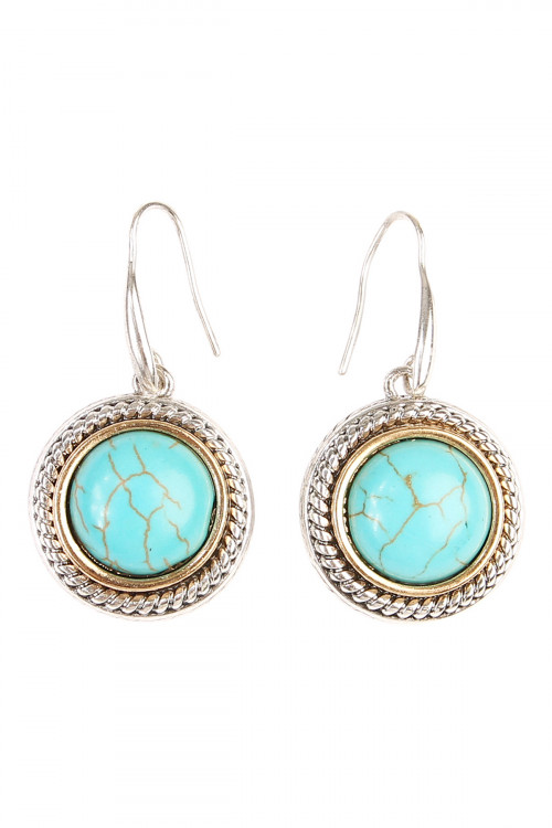 SA4-1-2-25379TQS - WESTERN CONCHO ROUND 2 TONE FISHHOOK EARRINGS-TURQUOISE SILVER/6PAIRS