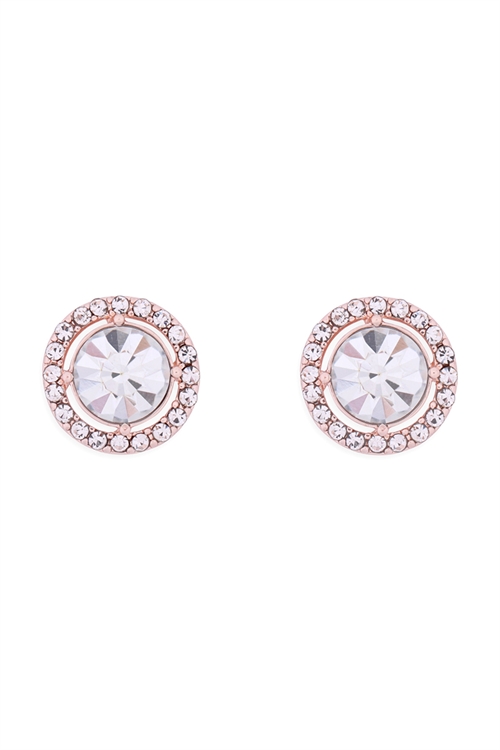 S1-4-2-25476CR-RG - CUBIC ZIRCONIA  ROUND HALO STUD EARRINGS - CRYSTAL ROSE GOLD/1PC