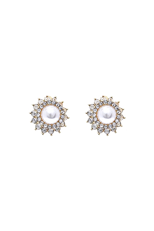 S1-3-4-25486WH-G - FLOWER CENTER PEARL STUD EARRINGS -  WHITE GOLD/1PC