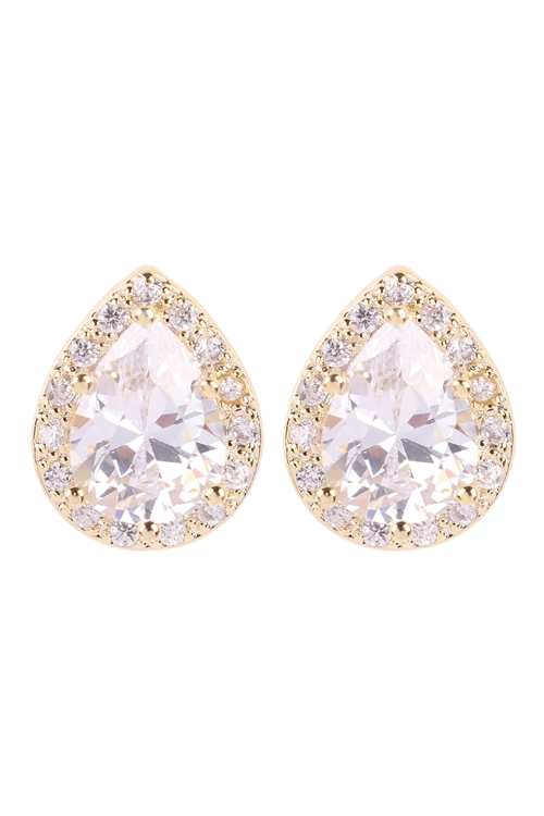 A2-2-4-25537CR-G - CUBIC ZIRCONIA TEARDROP HALO STUD EARRINGS-CRYSTAL GOLD/6PCS