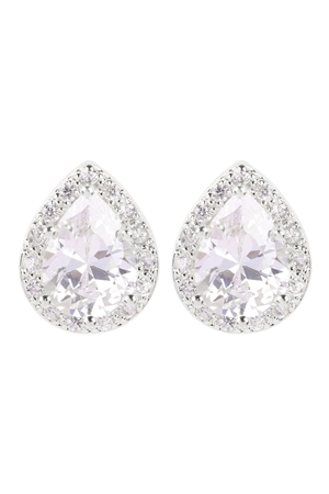 A2-2-4-25537CR-S - CUBIC ZIRCONIA TEARDROP HALO STUD EARRINGS-CRYSTAL SILVER/1PC