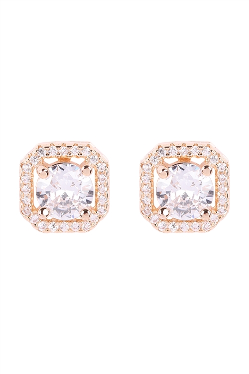 A3-1-3-25538CR-G - CUBIC ZIRCONIA SQUARE HALO STUD EARRINGS - CRYSTAL GOLD/1PC