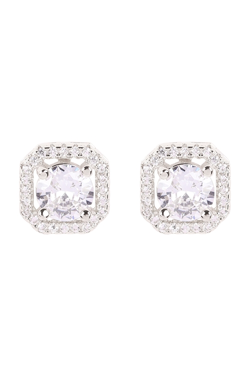 A3-1-3-25538CR-S - CUBIC ZIRCONIA SQUARE HALO STUD EARRINGS - CRYSTAL SILVER/1PC