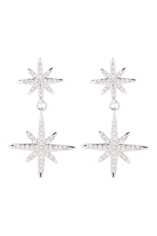 A3-1-3-25547CR-S - CUBIC ZIRCONIA DOUBLE STARBURST POST EARRINGS - CRYSTAL SILVER/6PCS