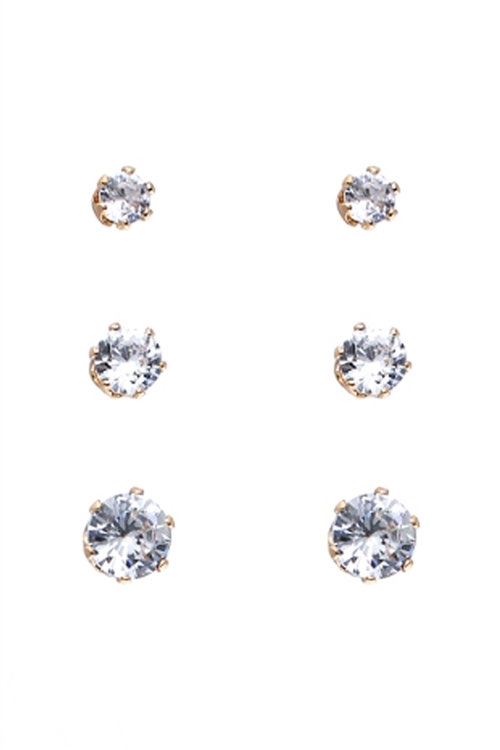 237-C-25552CR-G - 3 PAIRS CUBIC ZIRCONIA  STUD EARRINGS-CRYSTAL GOLD /6PCS