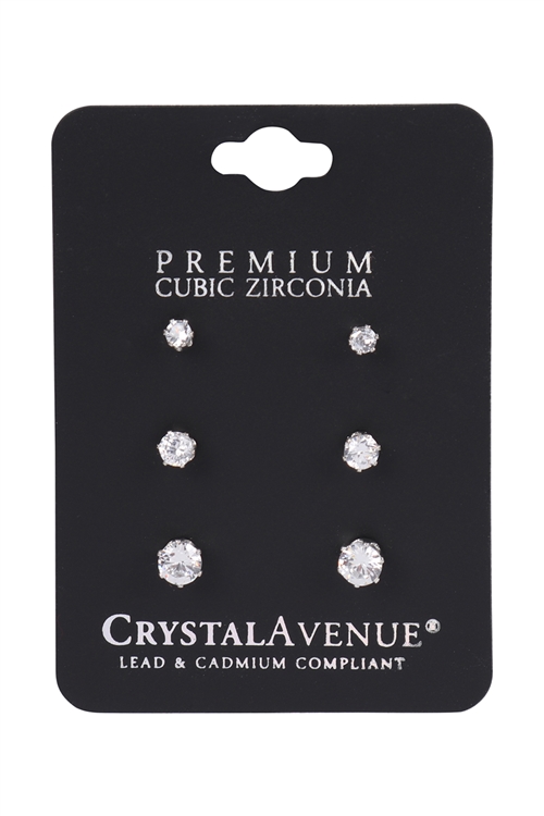 A3-3-1-25552CR-S- 3 PAIRS CUBIC ZIRCONIA  STUD EARRINGS-CRYSTAL SILVER/6PCS