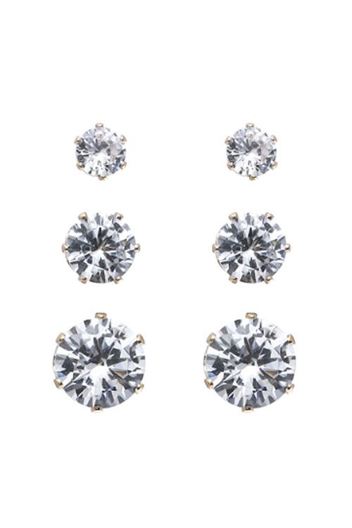 A1-3-4-25554CR-G- 5/7/9mm 3 PAIRS CARD CUBIC ZIRCONIA EARRINGS-CRYSTAL -GOLD/6PCS