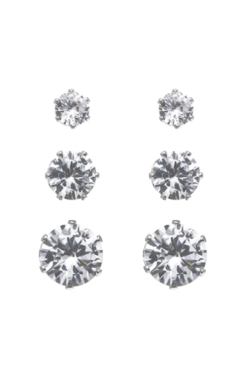 A1-3-4-25554CR-S- 5/7/9mm 3 PAIRS CARD CUBIC ZIRCONIA EARRINGS-CRYSTAL SILVER/6PCS