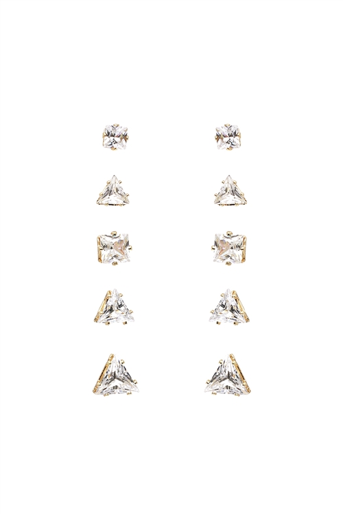 S1-2-5-25555CR-G - CUBIC ZIRCONIA TRIANGLE 5 PAIR EARRINGS - CRYSTAL GOLD/1PC