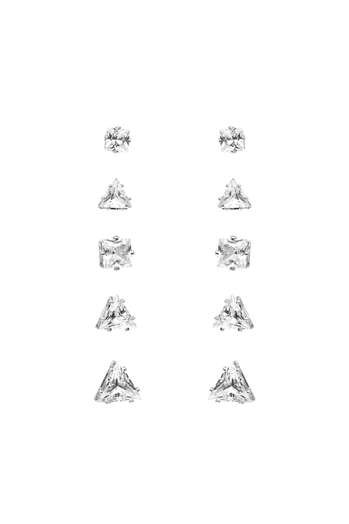 S1-2-5-25555CR-S - CUBIC ZIRCONIA TRIANGLE 5 PAIR EARRINGS - CRYSTAL SILVER/1PC