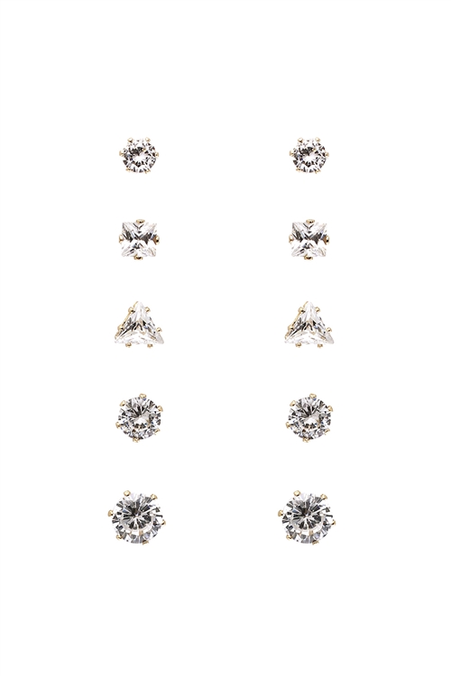S1-2-5-25557CR-G - CUBIC ZIRCONIA ASSORTED SHAPE 5 PAIRS EARRINGS - CRYSTAL GOLD/1PC