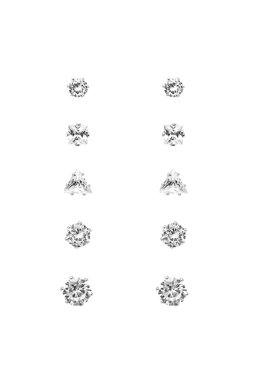 S1-7-2-25557CR-S - CUBIC ZIRCONIA ASSORTED SHAPE 5 PAIRS EARRINGS - CRYSTAL SILVER/1PC