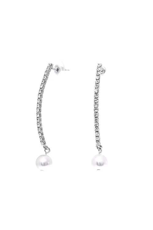 S1-2-4-25605CR-S - RHINESTONE 1 LINE PEARL DROP EARRINGS -  CRYSTAL SILVER/1PC