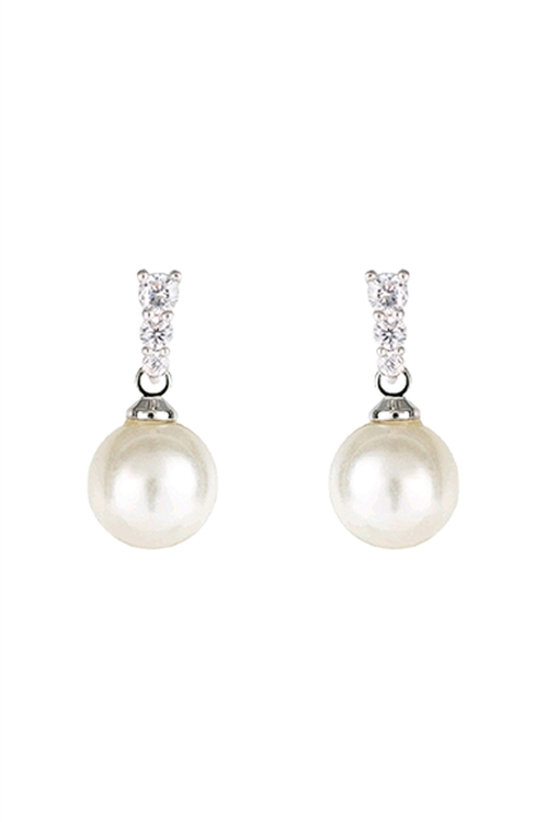 A2-3-4-25795WH-S - CUBIC ZIRCONIA 3 ROUND W/ PEARL DROP EARRINGS - WHITE SILVER/1PC